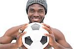 Close up portrait of a smiling football fan over white background