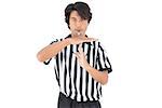 Serious referee showing time out sign over white background