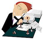 Cartoon cheerful businessman stamps on documents