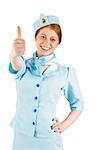 Pretty air hostess with hand on hip on white background