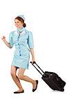 Pretty air hostess pulling suitcase on white background