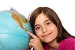 Cute pupil smiling with globe on white background