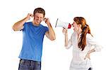 Woman shouting through a megaphone on white background