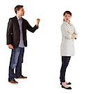 Man shaking fist at woman on white background