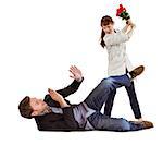 Woman throwing roses at man on white background