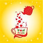 Cup fruit tea with strawberry teapot vector