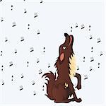 Cute fluffy cartoon dog howling melody of musical notes. Vector illustration