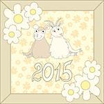 Retro card with cartoon sheep and goat for Christmas and New Year 2015, symbol of a Chinese zodiac. Vector illustration