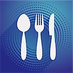 Restaurant menu icon with cutlery blue halftone design