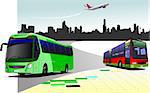 City panorama with two buses and plane images. Coach. Vector illustration