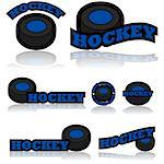 Icon set showing a hockey puck combined with different representations of the word hockey