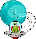 Cartoon Illustration of Funny Alien or Martian Comic Character in Ufo Spaceship