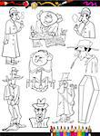 Coloring Book or Page Cartoon Illustration of Black and White Retro People Characters Set for Children