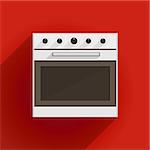 White oven with gray door. Flat vector illustration on red background.