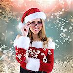 Sexy santa girl wearing spectacles against cream snow flake pattern design
