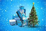 Composite image of christmas tree and presents against blue snowflake design