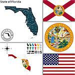 Vector set of Florida state with flag and icons on white background