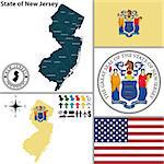 Vector set of New Jersey state with flag and icons on white background