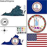 Vector set of Virginia state with seal and icons on white background