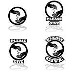 Icon set showing a hand dropping some coins on an open hand, indication donations