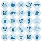 Blue christmas and winter silhouette icons in circles