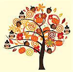 vector fall tree with owls, acorns, pumpkins