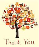 vector thank you card with fall tree and acorns, owls, pumpkins