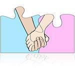 Concept illustration showing two holding hands connected in different pieces of a puzzle