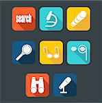 Search icon set in, isolated on dark background, flat with shadow