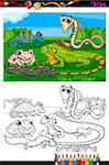 Coloring Book or Page Cartoon Illustration of Black and White Funny Reptiles and Amphibians Group for Children