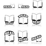 Icon set showing an open book combined with different variations of the word read