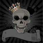 Crowned skull on black dirty background with copy space