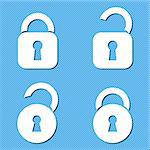 Four white vector open and closed padlock icons