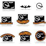 Icon set showing bats flying in front of the moon and combined with different variations of the word Halloween