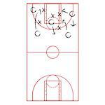 Cartoon illustration showing a basketball court drawn onto a flipboard with arrows representing a game plan