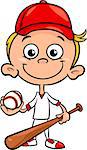 Cartoon Illustration of Funny Boy Baseball Player with Bat and Ball