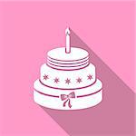 White birthday cake on pink background flat design