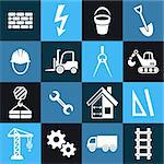 White vector abstract construction icons in blue squares