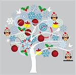 vector tree with owls, snowflakes, balls
