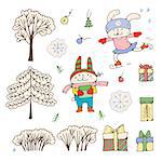 Set of winter elements for design. Cartoon hares, trees and gifts. Vector illustration.