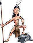 Cartoon American indian brave with a spear. Isolated