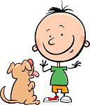 Cartoon Illustration of Cute Little Boy with Dog or Puppy