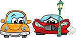 Cartoon Illustration of Crashed Sports Car and Retro Automobile