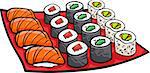 Cartoon Illustration of Sushi Meal Food Objects