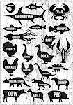 set of vector silhouettes of animals and birds on wood background