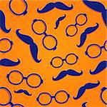 Seamless Pattern with Blue Glasses Frame and Moustach on Red Background. Flat Design