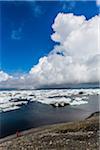 High angle view of shoreline with ice and glacial lake water, Jokulsarlon, Iceland