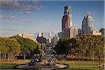 View down Benjamin Franklin Parkway with Washington Monument Fountain in Eakins Oval, Philadelphia, Pennsylvania, USA