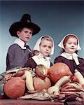 1950s 3 CHILDREN DRESSED IN PURITAN PILGRIMS COSTUMES