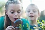 Brother and sister looking at plants with magnifying glass in garden